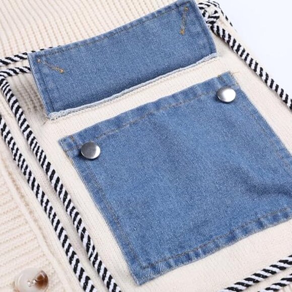 Cozy Denim Pockets Color Block Button Down Cardigan - Picture 9 of 10